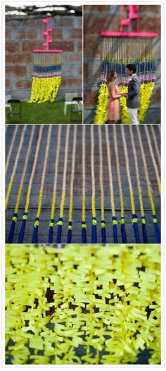 two pictures of people standing in front of some yellow flowers