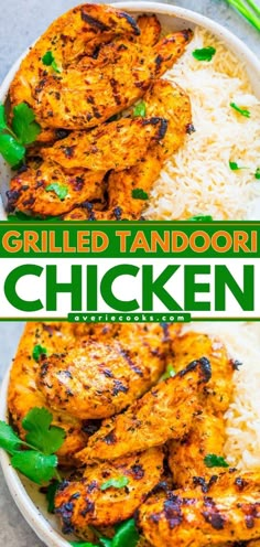 grilled tandoori chicken served with rice and green beans in a white bowl