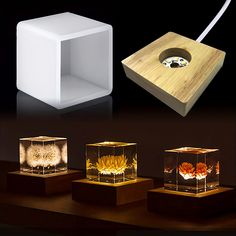 four different types of lights on wooden blocks