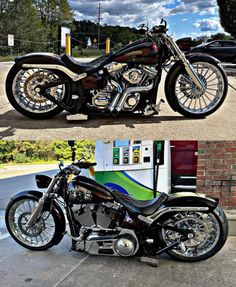 two motorcycles parked next to each other in front of a gas station