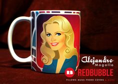 a coffee mug with a woman's face painted on the front and sides, sitting on a red velvet surface