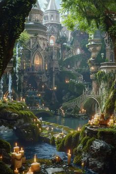 an image of a fairy land with candles in the water and lots of trees around it