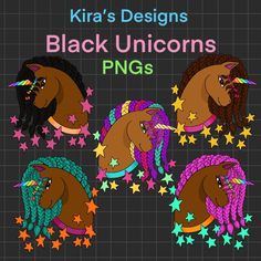 black unicorns with stars and braids on their heads are shown in different colors