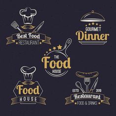 four different logos for the restaurant on a dark background with gold and white color scheme