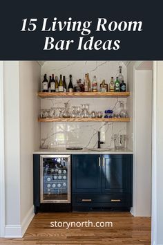 an open bar area with shelves filled with bottles and glasses on the top shelf, next to a wine cooler