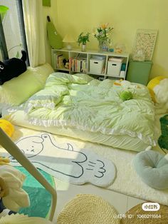 a bed room with a neatly made bed and lots of stuff on the floor around it