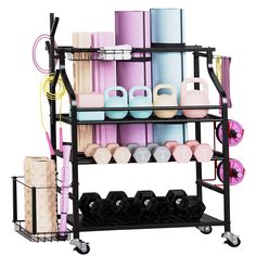 Multi-purpose home gym storage rack can easily and effectively organize your messy indoor & outdoor workout equipment and perfect for storing your yoga mat, dumbbells, kettlebells, yoga brick, resistance band, roller wheel, foam roller.. Yoga mat rack is made of high-quality steel metal, its anti-rust powder coating to last for years to come, can bear 220LBS, equipped with lockable 4pcs 360° heavy duty wheels, is convenient to move your rack easily to anywhere you want.. This home gym storage rack has 4 layers with side hanger, side basket for yoga mat and foam roller, elastic rod storage rack, unique branches design is perfect for yoga bag, resistance bands, small basket is for massage balls.. Sttoraboks YM-001 Steel Garage Storage System in Black (31.5-in W x) | YM-001-LS Sports Equipment Organization, Home Yoga Studio, Yoga Brick, Studio Garage, Home Gym Storage, Gym Organizer, Gym Storage, Sport Rack, Small Home Gym