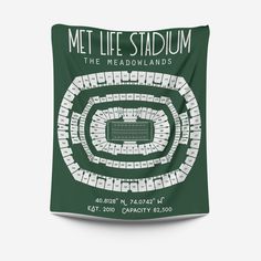 the met life stadium wall hanging tapestry in green and white with an image of a baseball field