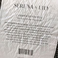 the label for serena & lily's harper denim rug is shown in black and white