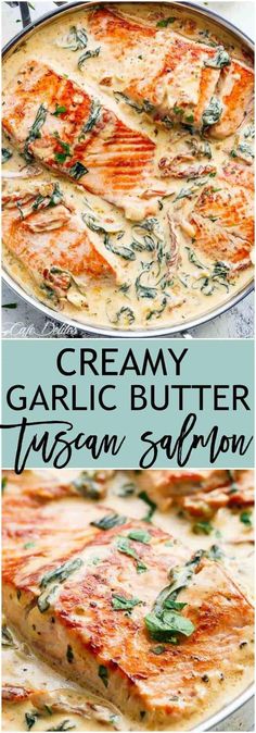 creamy garlic butter salmon in a pan with spinach garnish