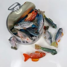 a tin with fish in it on a white table next to other small toy fish