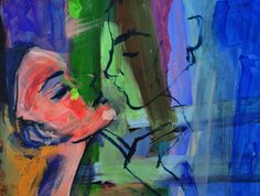 an abstract painting of a woman's face and neck, with multicolored lines in the background