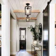 an entry way with a light fixture and potted plant on the table in front of it