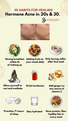 🕒 Start your journey to clearer skin with these 9 simple habits! 🌟:  1️⃣ Eat breakfast within 1 hour Balances blood sugar, reducing hormonal acne.  2️⃣ Add fruit 🍓 Fights inflammation with antioxidants.  3️⃣ Coffee after first meal ☕ Prevents cortisol spikes, lowering breakouts.  4️⃣ Rest & meditate 🧘‍♀️ Reduces stress hormones that trigger acne.  5️⃣ Drink kombucha 🍹 Supports gut health for clearer skin.  6️⃣ Add ginger + Vitamin C 🍋 Boosts anti-inflammatory and collagen effects.  7️⃣ Sleep 7+ hours 😴 Repairs skin and balances hormones.  8️⃣ Stay hydrated 💧 Flushes toxins and reduces irritation.  9️⃣ Protein, fiber & fats 🥗 Stabilizes blood sugar, supporting hormone balance.  #AcneHealing #ClearSkin #SkincareRoutine #HealthyLiving Foods To Reduce Acne, Hormone And Gut Health, Foods That Trigger Acne, How To Treat Hormonal Imbalance, Food To Avoid For Acne, Hormonal Acne Meal Plan, Anti Acne Breakfast, Breakfast For Acne Prone Skin, Supplements For Hormonal Acne