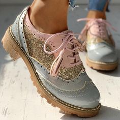 Light Blue Shoes, Chunky Heeled Boots, Chunky Heel Booties, Oxford Brogues, Brogue Shoes, Casual Flat Shoes, Retro Shoes, Silver Shoes, Lace Up Heels