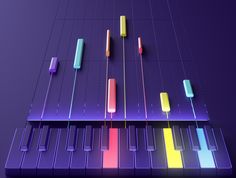 an electronic keyboard with colorful lights on the top and bottom half, in front of a purple background