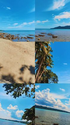 three different pictures of the same beach and trees in front of it, with blue sky and clouds above them