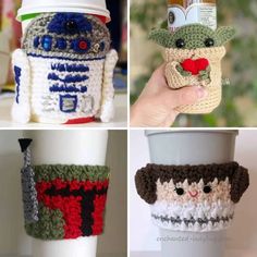 crocheted coffee cup cozyies made to look like star wars characters