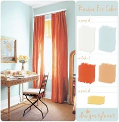 an orange and blue color scheme for a dining room table with chairs, window curtains, and drapes