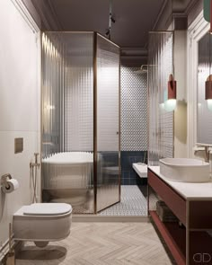 a bathroom with a toilet, sink and shower in it's stall area next to a bathtub