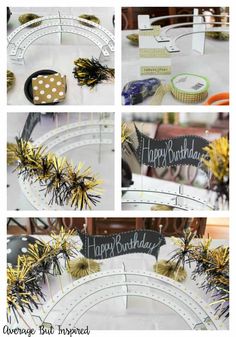 a collage of photos showing how to make a happy birthday sign with streamers