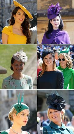 many different hats are shown in this collage, including one woman wearing a green dress and