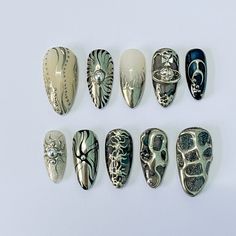 Nails Metallic Chrome, Nails Metallic, Almond Press On Nails, Emo Style, Gothic Emo, Goth Nails, Birthday Event, Press Ons, Nail Glue