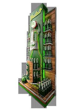 a green machine with lots of bottles on it's sides and shelves in the middle