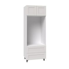 a white cabinet with an open door and two drawers on the bottom, in front of a