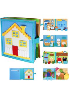 an open book with cut out pictures of houses and children's toys in it