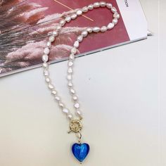 Lizakosht Vintage Baroque Freshwater Pearl Necklaces for Women Blue Green Red Glass Love Heart Pendant Chokers Necklaces Jewellery Natural Pearl Necklace, Heart Choker Necklace, Pink Pearl Necklace, Blue Green Color, Heart Choker, Baroque Pearl Necklace, Pearl Necklaces, Pearl Types, Natural Pearl