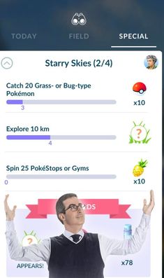 a man is holding his hands up in front of him and the text says, stay skies 2 / 4 catch 20 grass - or bug - type pokemon