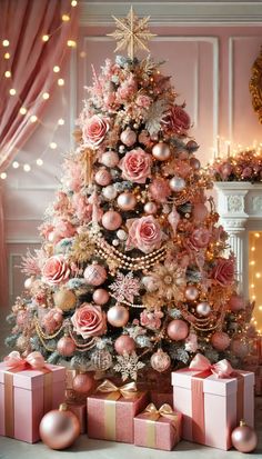 a pink christmas tree with presents under it