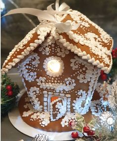 a close up of a gingerbread house on a plate