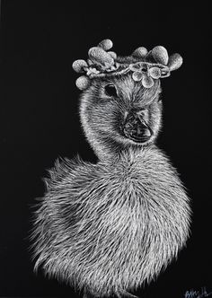 a black and white drawing of a chicken wearing a wreath of nuts on its head