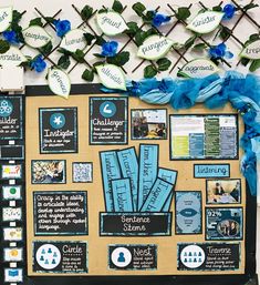 the bulletin board is decorated with blue flowers and green leaves on it's side