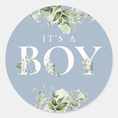 it's a boy sticker with white flowers and leaves on a blue background