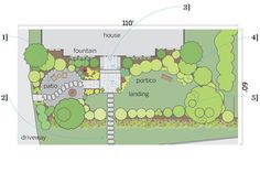 a garden plan with various trees, shrubs and plants in it's center area