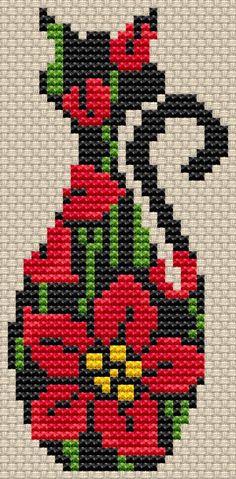 a cross - stitch pattern with a vase and flowers on the side, in red and green colors