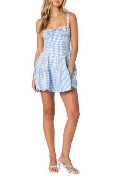 Plan a picnic (and come prepared in the prettiest way) when you choose this cheerfully checked dress cut to a leg-baring length from cool cotton. Square neck 100% cotton Machine wash, dry flat Imported Gingham Mini Dress, Blue Gingham Dress, Olive Green Dresses, Cotton Linen Dresses, Crochet Mini Dress, Swimwear Dress, The Grove, Halterneck Dress, Beach Picnic