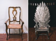 two photos side by side one has a throne and the other has a cross on it