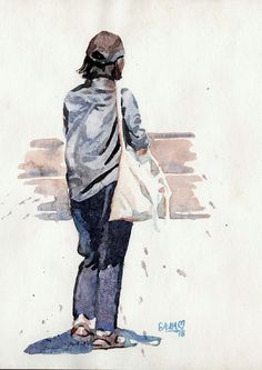 a watercolor painting of a person holding a bag