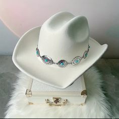 Adorable Cream Color Felt Cowboy Hat With Silver Turquoise Brim Chain. Ties Inside To Tighten To Fit Your Head Size. Nwt Western Silver Hats For Summer, Western Silver Hat With Short Brim, Silver Summer Hat For Rodeo, Silver Summer Rodeo Hat, Western Silver Hat Bands For Festivals, Silver Adjustable Hat For Rodeo, Silver Western Hat Bands For Festival, Silver Western Hat For Western-themed Events, Western Silver Hats For Western-themed Events