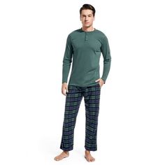 DG Hill (2 Piece) Fleece Lightweight Men's Pajama Set Plaid Loungewear PJs, Long Sleeve Henley Shirt with Pajama Pants - Perfectly Paired Mens Pajamas Set: This sleepwear for men pajama set combines the best of a cotton blend Henley long sleeve shirt with cozy polyester microfleece pants. The shirt is breathable for comfort that lasts. The pajama pants are ultrasoft and warm, with moisture wicking properties to keep the skin dry. Together these are the perfect mens PJ set to wear through any sea Sleepwear For Men, Pajama Gift Set, Pajamas All Day, Mens Pajamas Set, Mens Sleepwear, Plaid Outfits, Mens Henley, Pj Pants, Henley Shirt