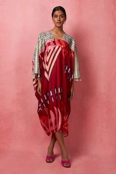 Multicolour kaftan with abstract geometric prints and sequin embroidered yoke. - Aza Fashions Red Designer Kaftan For Navratri, Designer Red Kaftan For Navratri, Red Silk Kaftan For Eid, Multicolor Ikat Print Kaftan For Festive Occasions, Bohemian Silk Kaftan With Mirror Work, Festive Red Kaftan With Printed Motifs, Eid Multicolor Block Print Kaftan, Red Straight Kurta Kaftan For Festivals, Red Straight Kurta Dress With Mirror Work