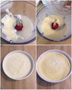 four pictures showing how to make batter in a food processor