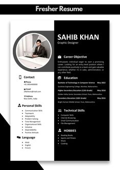 a black and white resume template with an image of a man in a suit on it