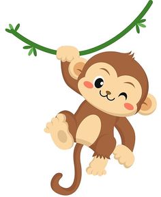 a cute monkey hanging from a branch with green leaves on it's back legs