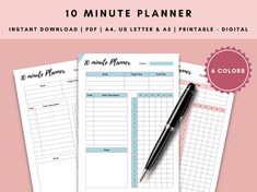 the printable 10 minute planner is on top of a pink background with a pen