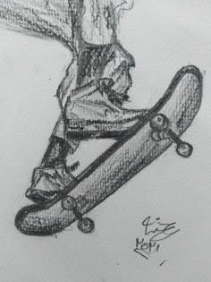 a pencil drawing of a skateboarder's foot with the bottom half torn off